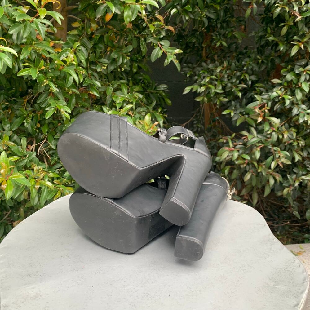 Current Mood Strappy Platform Black Pleather Heel… - image 6